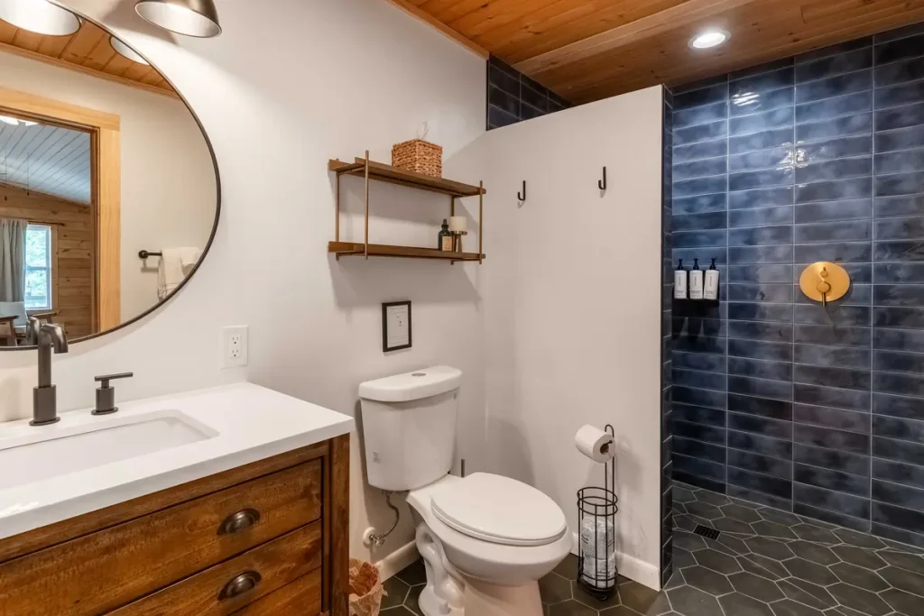 Bathroom with walk-in shower inside Garden Studio A at The Shaded Crest in Lake Lure, North Carolina