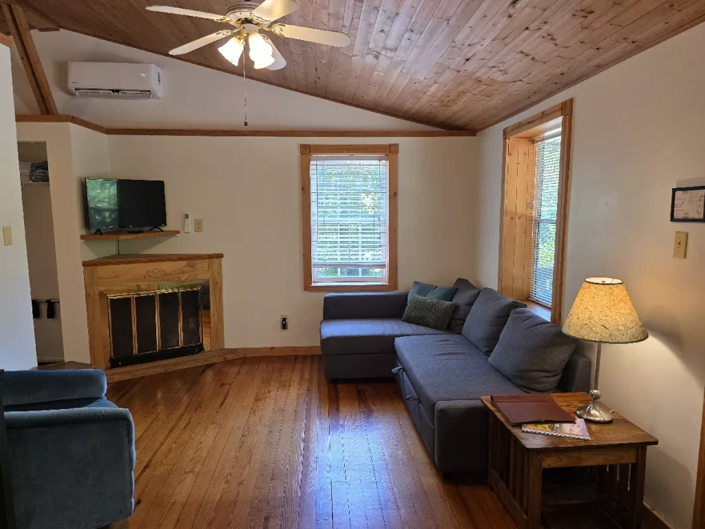 Living room inside The Haven cottage at The Shaded Crest in Lake Lure, North Carolina