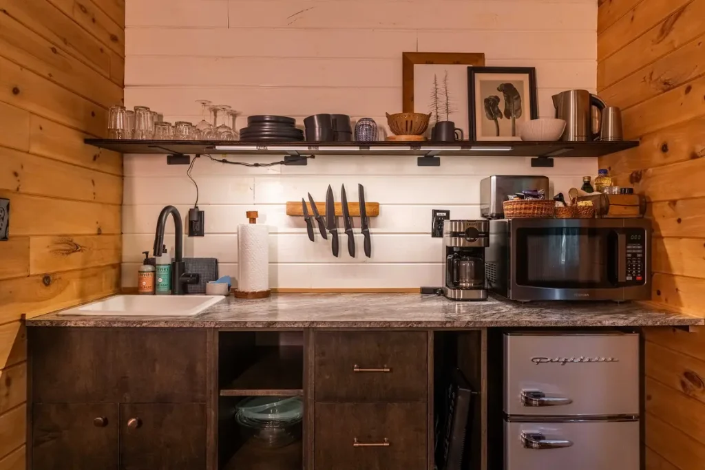 Straight-on view of the kitchenette inside